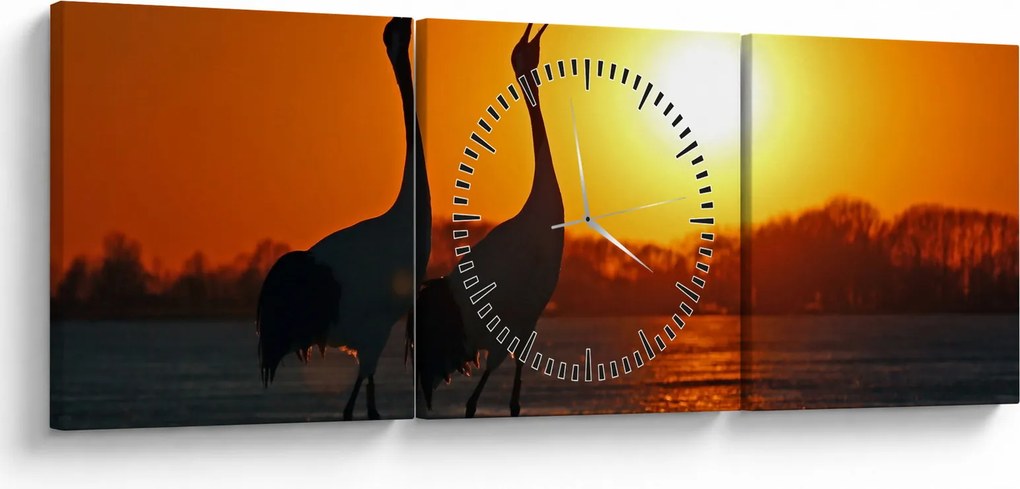 Tablou cu păsări în apus de soare (cu ceas) (90x30 cm)
