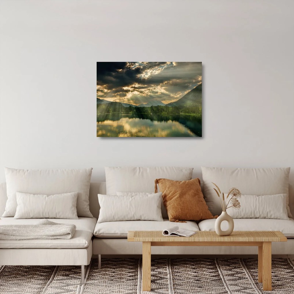 Tablou pe sticlă cu lac și soarele translucid (70x50 cm)