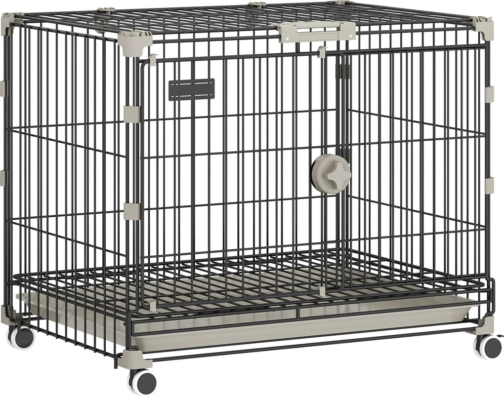 PawHut Cușcă pliabilă pentru câini, Tavă detașabilă, Roți cu frâne, Acoperiș rabatabil, Ușă pentru hrănire, 60,5x45,5x54,5cm, Negru | Aosom Romania