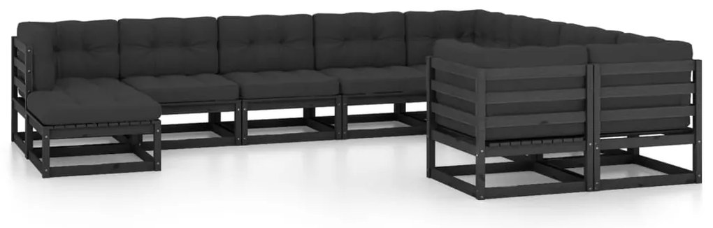 vidaXL Set mobilier grădină cu perne, 10 piese, negru, lemn masiv pin