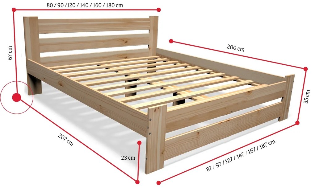 Expedo Pat din lemn masiv STUDY + somieră GRATIS, 140x200cm, natural/lac nu