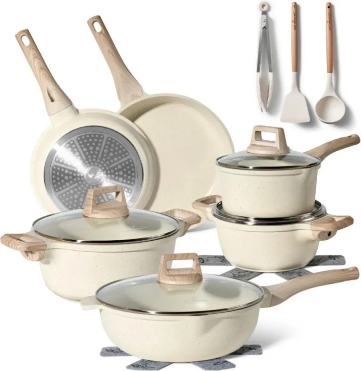 Resigilat: Set de oale si tigai Just Perfecto JL-788, 15 piese, Acoperire marmora, Inductie, Accesorii, Bej
