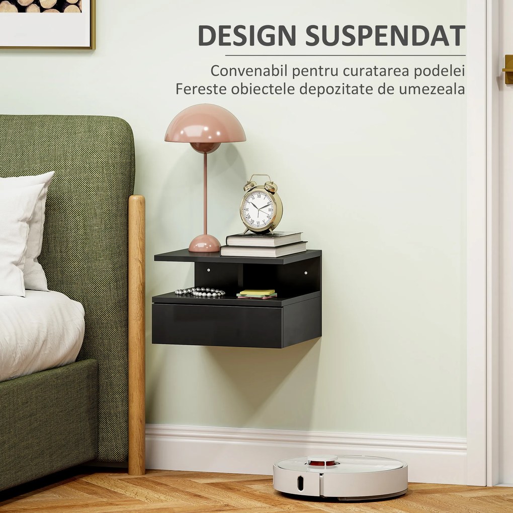 HOMCOM Noptiere Suspendate cu Sertar și Raft Superior din Lemn, 35x32x22,5 cm, Negru | Aosom Romania