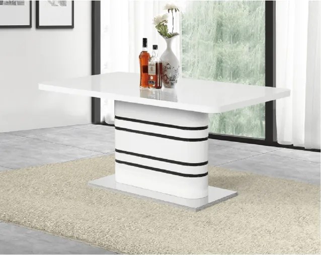 Masă dining extensibilă, alb HG extra lucios/dungi negre, 160-200x90 cm, TUBAL