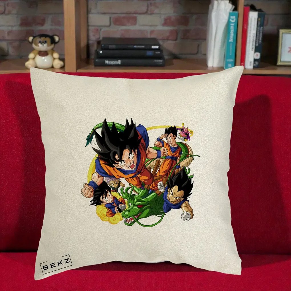 Perna Personalizata Dragon Ball Goku si Shenron Actiune, 40x40 cm, Ecru, Husa Detasabila, Perna Inclusa, BEKZ®