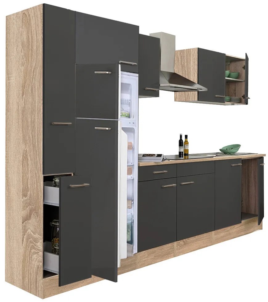 Mobilă de bucătărie Yorki 300, corp stejar sonoma, față antracit satinat, frigider cu congelator superior
