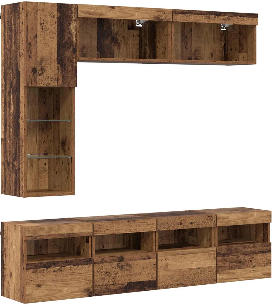 vidaXL Cabinet TV cu led Pe perete 7 pcs Lemn vechi Lemn compozit