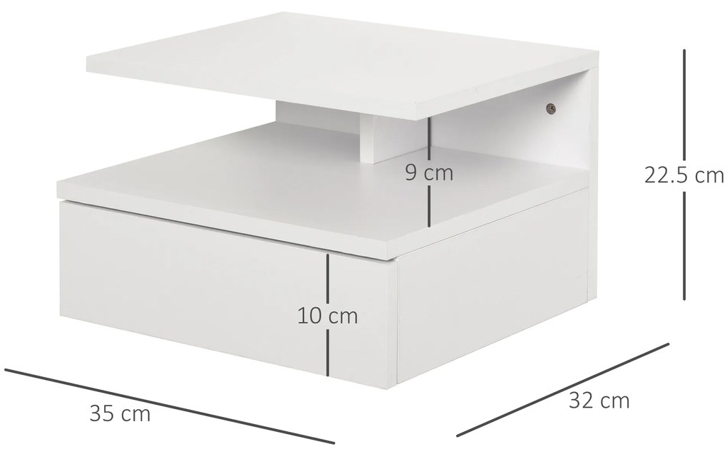 HOMCOM Set de 2 Noptiere Suspendate Moderne pentru Dormitor cu Sertar și Poliță Superioară din Lemn, 35x32x22.5 cm, Alb | Aosom Romania