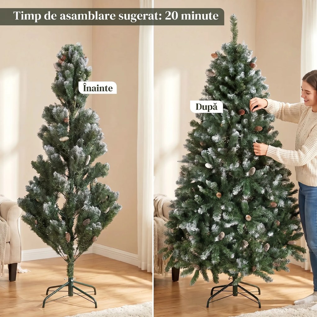 HOMCOM Brad de Crăciun Înzăpezit Înalt 180 cm cu 910 Ramuri, Brad Artificial de Interior cu Conuri Decorative, Bază Metalică Pliabilă, Verde | Aosom Romania