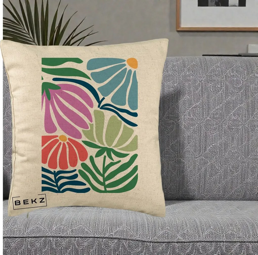 Perna Decorativa Flori Grafice Multicolore Modern, 40x40 cm, Bej, Husa Detasabila, Perna Inclusa, BEKZ®