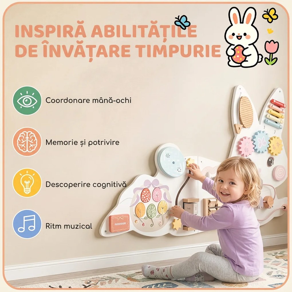 AIYAPLAY Busy Board Montessori de Perete din Lemn pentru Copii 1,5-6 Ani, Tematică Iepuraș de Paște, Alb | Aosom Romania