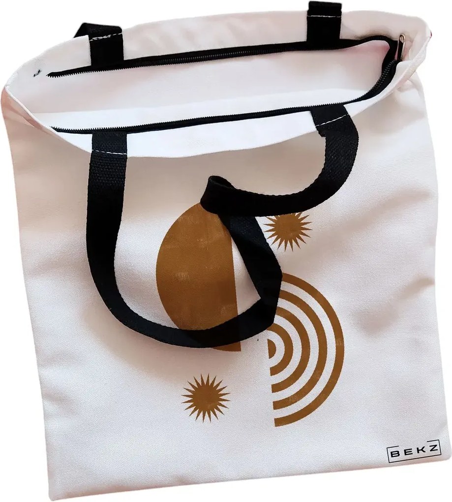 Sacosa de Panza pentru Cumparaturi, Geanta Tote, model Solar Energy, Cu fermoar, 38x34.5 cm, Alba, BEKZ®