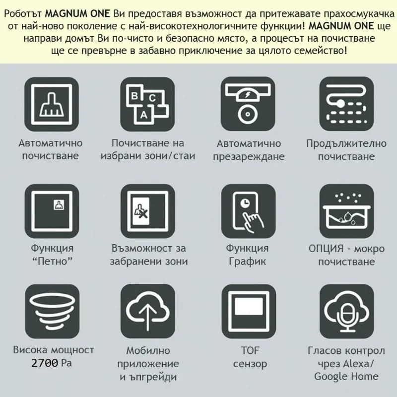 Aspirator robot MAGNUM ONE, Li-Ion 2600 mAh, 30 W, 2700 Pa, Curatare uscata, Filtrare în 3 etape, Wi-Fi, Control vocal, Negru