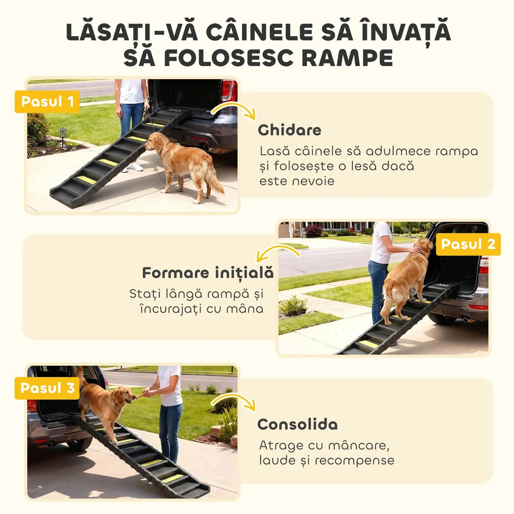 PawHut Rampă Pliabilă pentru Câini pentru Mașini și Paturi Înalte, Scară Portabilă cu 10 Trepte Antiderapante, Ușoară, Suportă Până la 68 kg, Negru | Aosom Romania