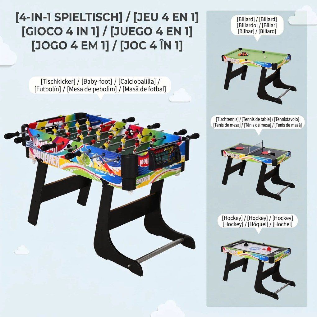 HOMCOM Masă de Joc 4 în 1 pentru Fotbal de Masă, Biliard, Air Hockey și Ping-Pong, 86,5x43,5x64 cm, Multicolor | Aosom Romania