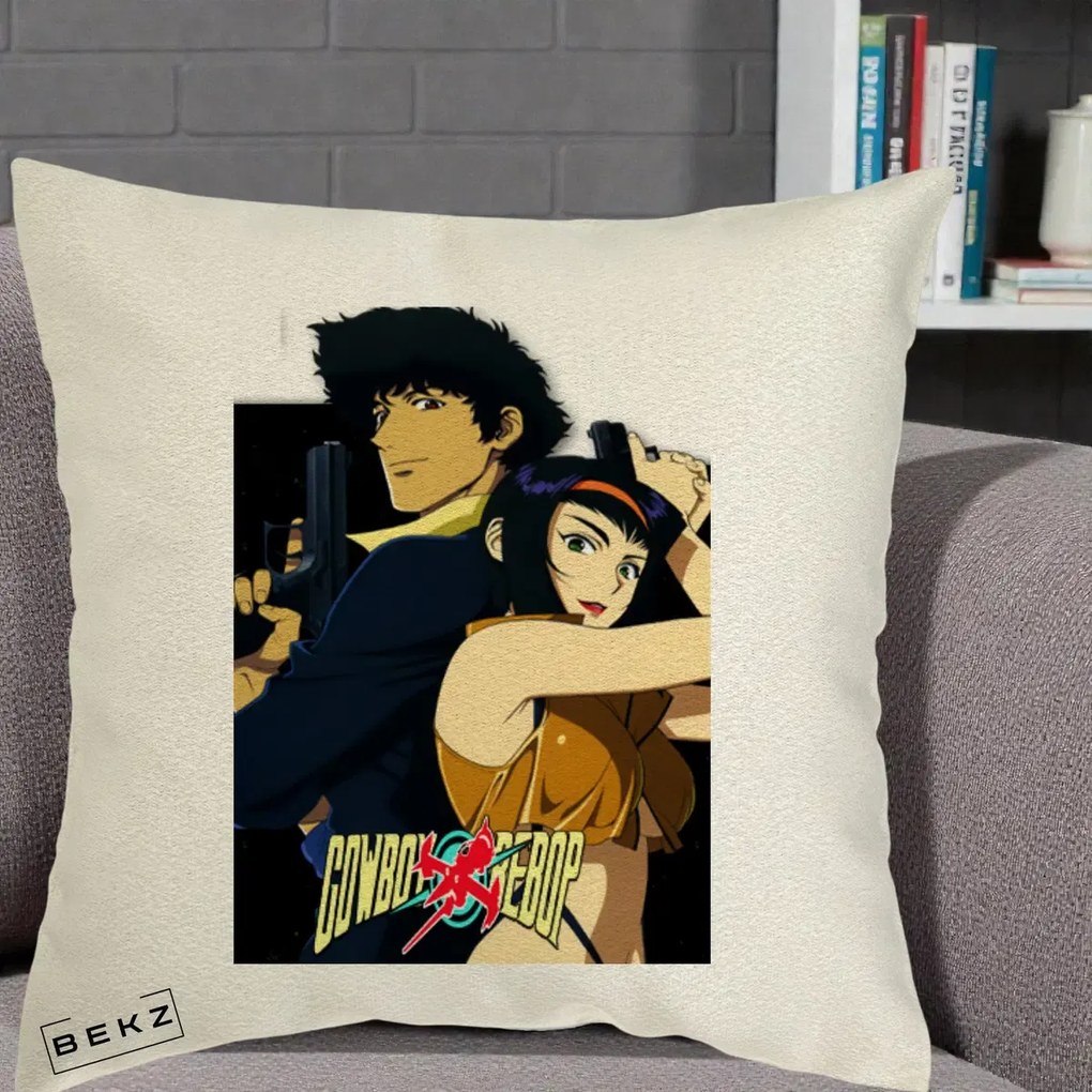 Perna Personalizata Cowboy Bebop Spike si Faye Poster, 40x40 cm, Ecru, Husa Detasabila, Perna Inclusa, BEKZ®