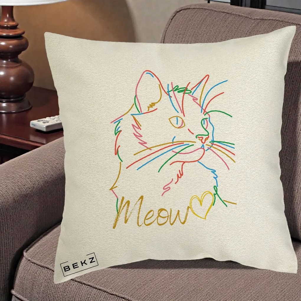 Perna Personalizata Pisica Meow Arta Linie Colorata, 40x40 cm, Ecru, Husa Detasabila, Perna Inclusa, BEKZ®