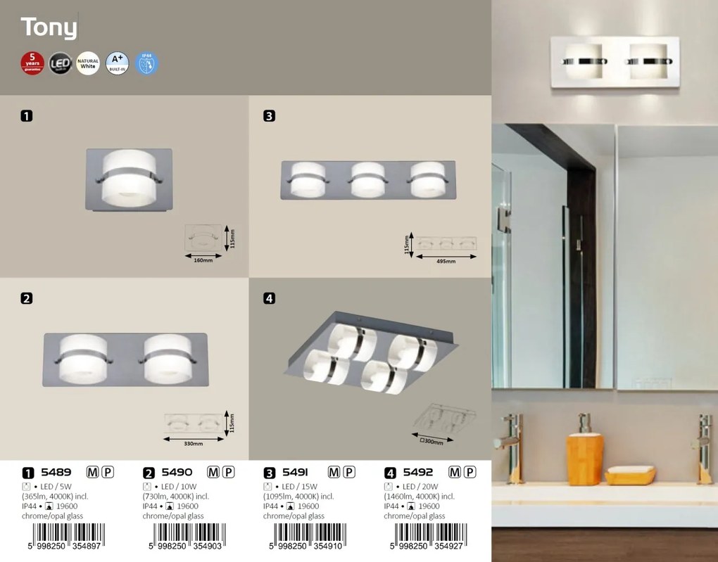 Aplica de perete LED moderna pentru baie IP44 Tony 5490 RX