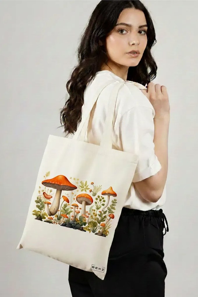 Sacosa de Panza pentru Cumparaturi, Geanta Tote Colorful Mushrooms 12, 38x34.5 cm, Alba, BEKZ®