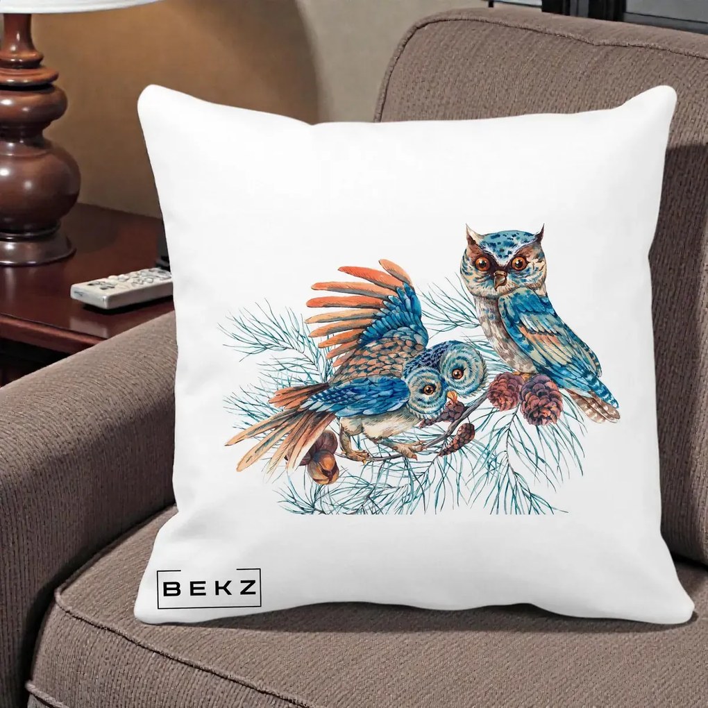 Perna Decorativa Bufnite de Iarna Albastre, 40x40 cm, Alba Mata, Husa Detasabila, Perna Inclusa, BEKZ®