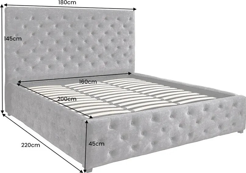 Pat PARIS 160x200cm catifea gri cu spatiu de depozitare