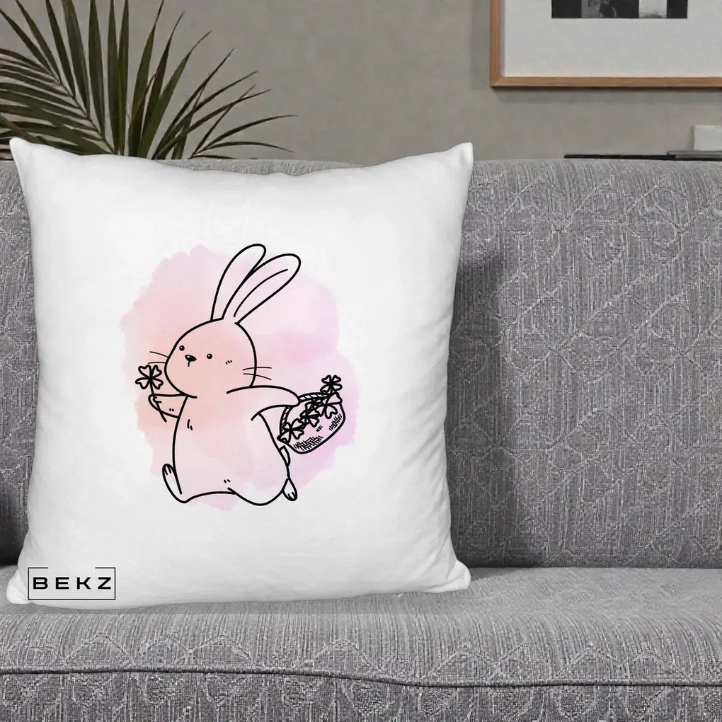 Perna Decorativa Iepuras Kawaii cu Cosulet Floral, 40x40 cm, Alb Pufos, Husa Detasabila, Perna Inclusa, BEKZ®