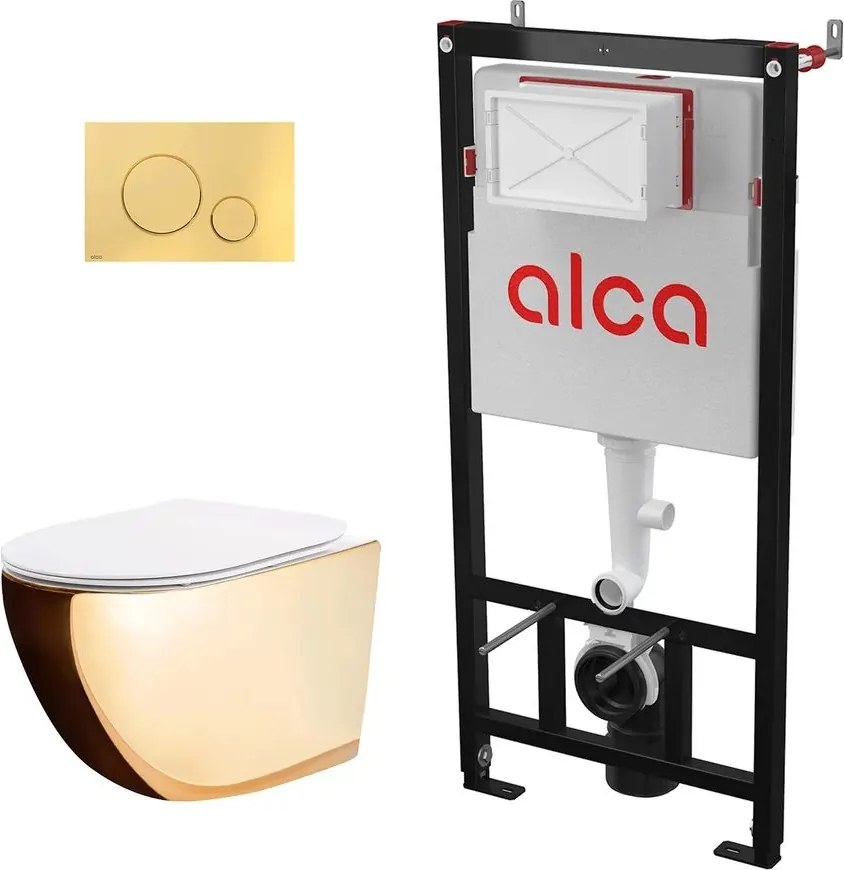 Pachet vas wc suspendat Rea Carlo, capac softclose, rama instalare Alcadrin si clapeta Thin auriu