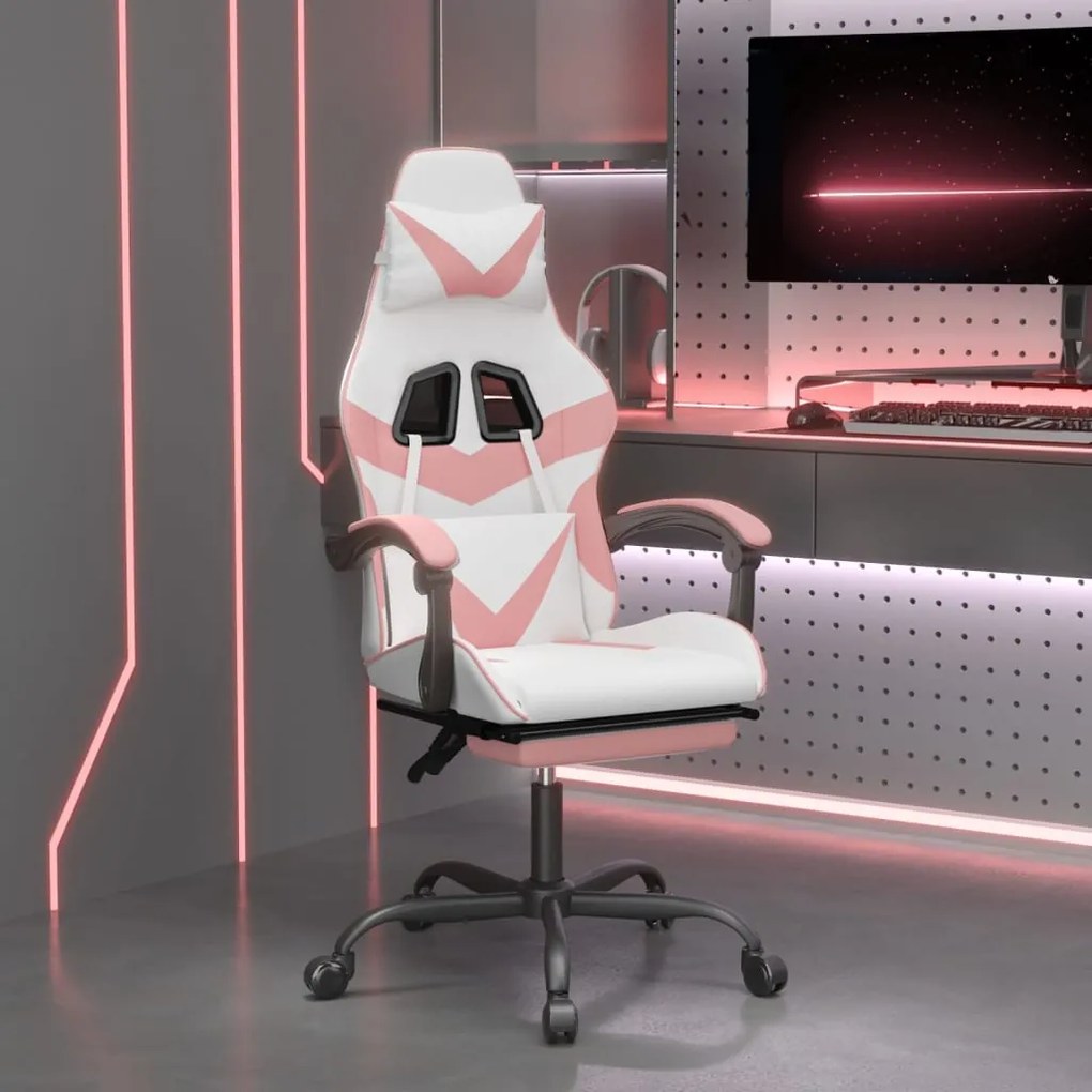 vidaXL Scaun de gaming pivotant cu suport picioare alb&amp;roz piele eco