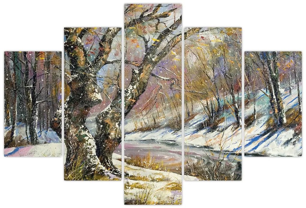 Tablou cu peisaj de iarnă pictat (150x105 cm)