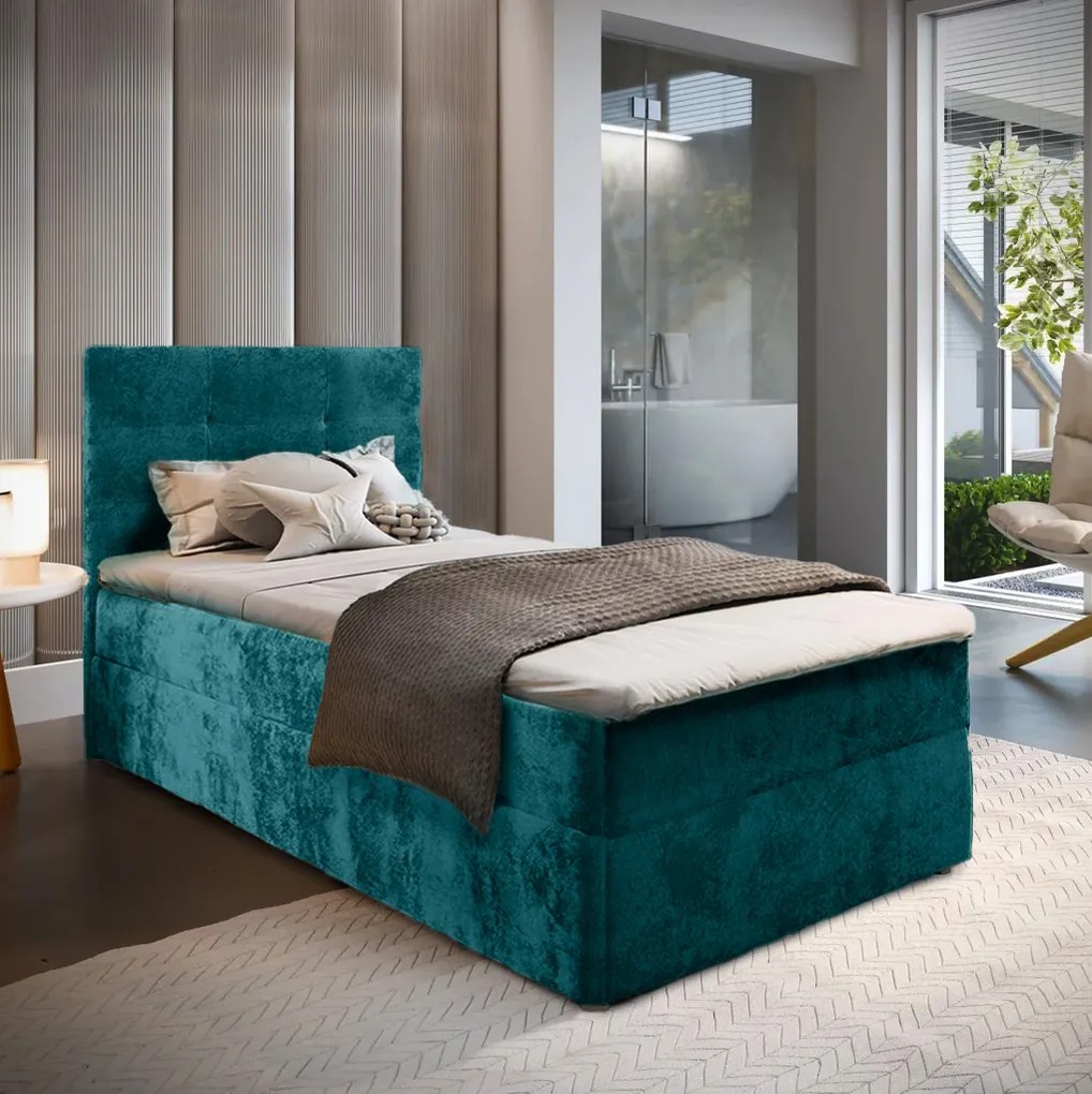 Pat tapițat boxspring GLORIEN VELVET 100x200 cm turcoaz Saltea: Saltea cu arcuri Bonell