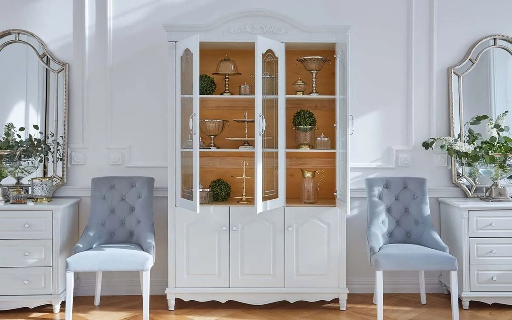 Vitrină lemn masiv alb Elizabeth 3 Uși, 139 × 43 × 223 cm