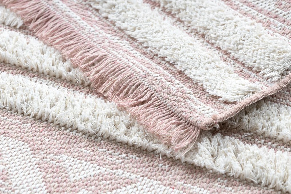 Covor ECO SISAL BOHO MOROC Caro 22297 franjuri - două niveluri de lână roz / cremă, covor reciclat