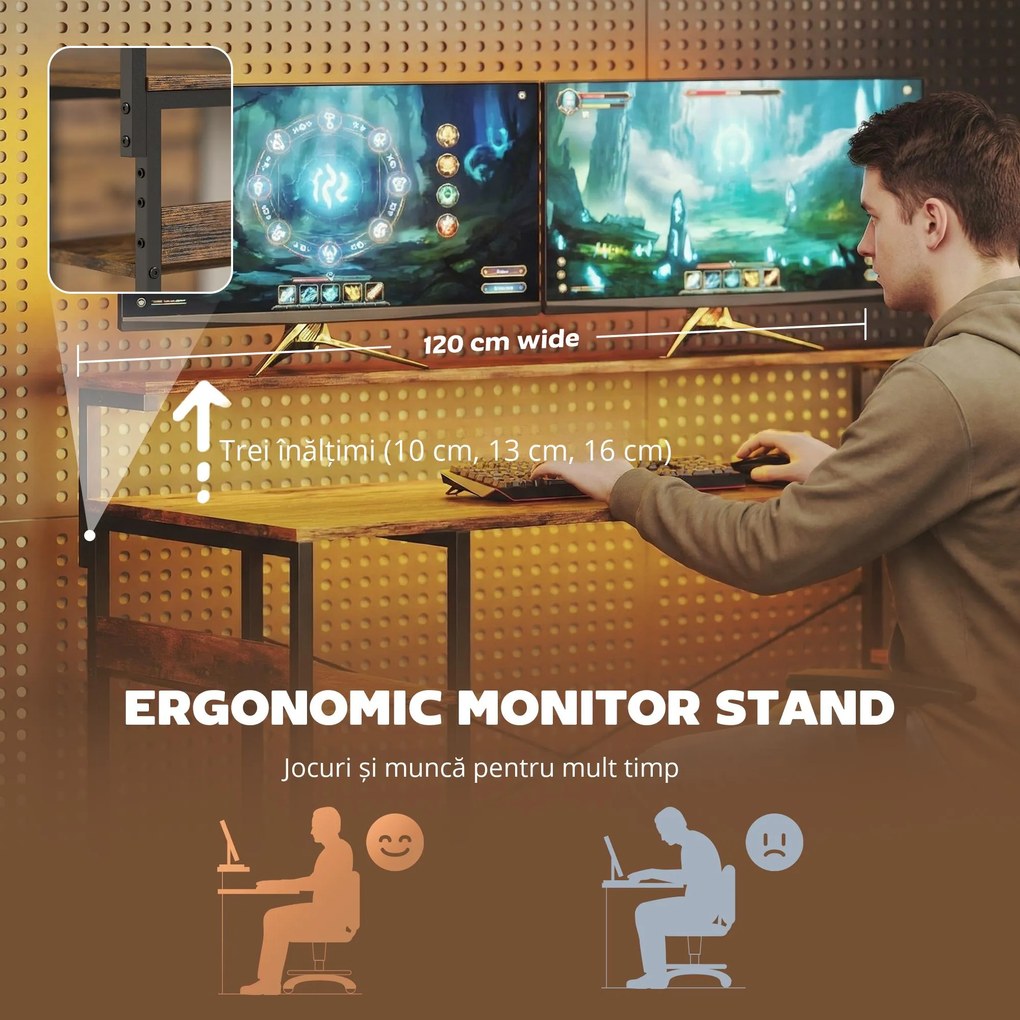 HOMCOM Birou de gaming în formă de L cu priză integrată, iluminare LED, 4 sertare, suport monitor 155x110x91,4 cm Maro | Aosom Romania