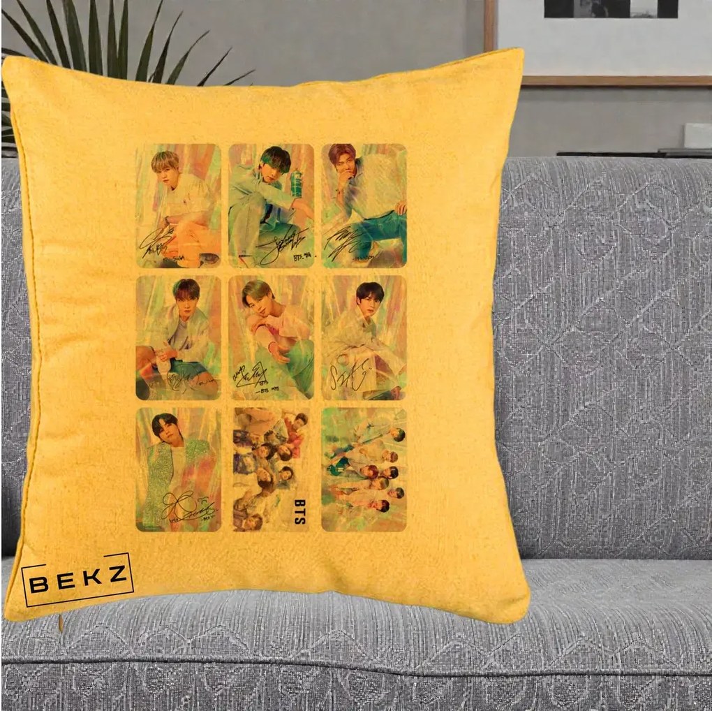 Perna Personalizata K-pop BTS Colaj 9 Fotografii Autografe Individual, 40x40 cm, Galben, Husa Detasabila, Perna Inclusa, BEKZ®