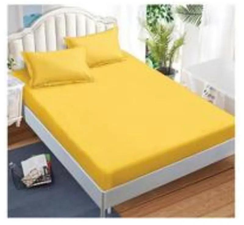 Lenjerie de pat cu elastic, tesatura tip finet, uni, pat 2 persoane, galben, 6 piese, FNE-169