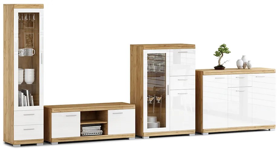 Mazzoni Mobilier perete SIMPLE Stejar Craft Auriu/Alb Luciu - COMODĂ TV VITRINĂ DOUĂ COMODE PENTRU LIVING
