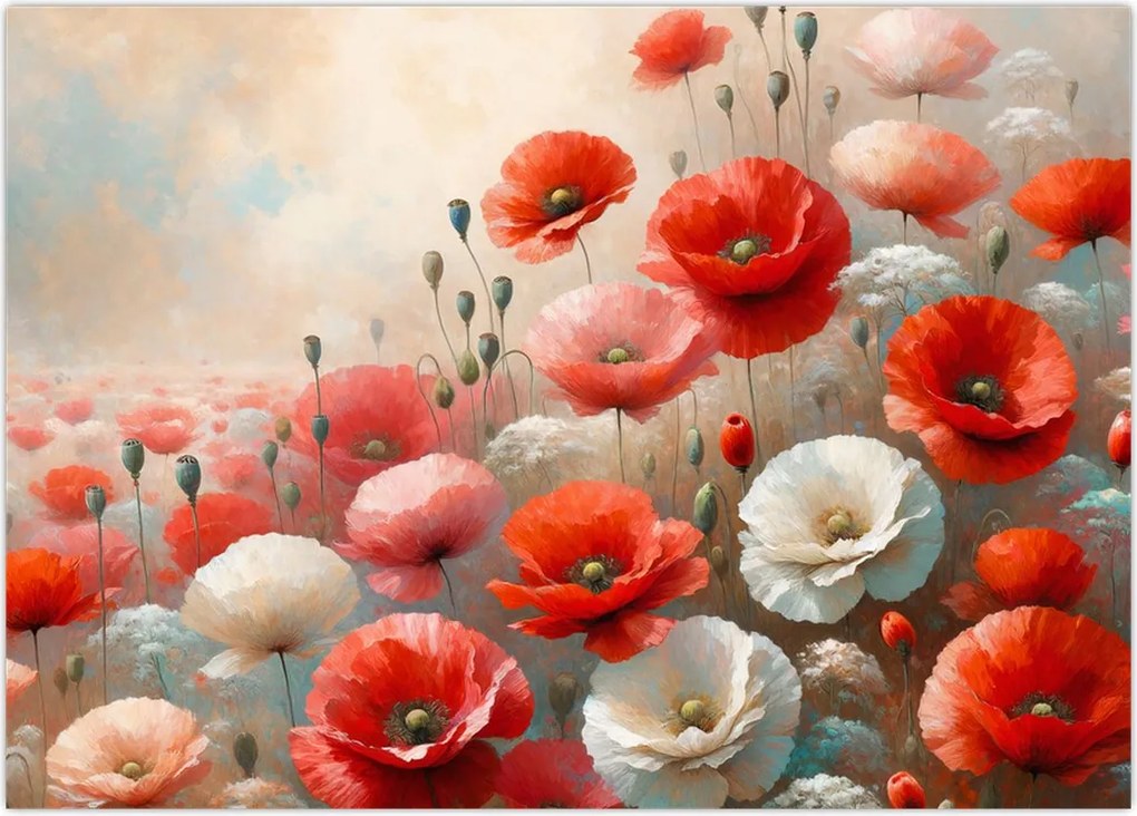 Tablou pe sticlă - Pictură cu maci (70x50 cm)