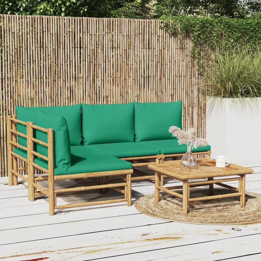 Set mobilier de gradina cu perne verzi, 5 piese, bambus
