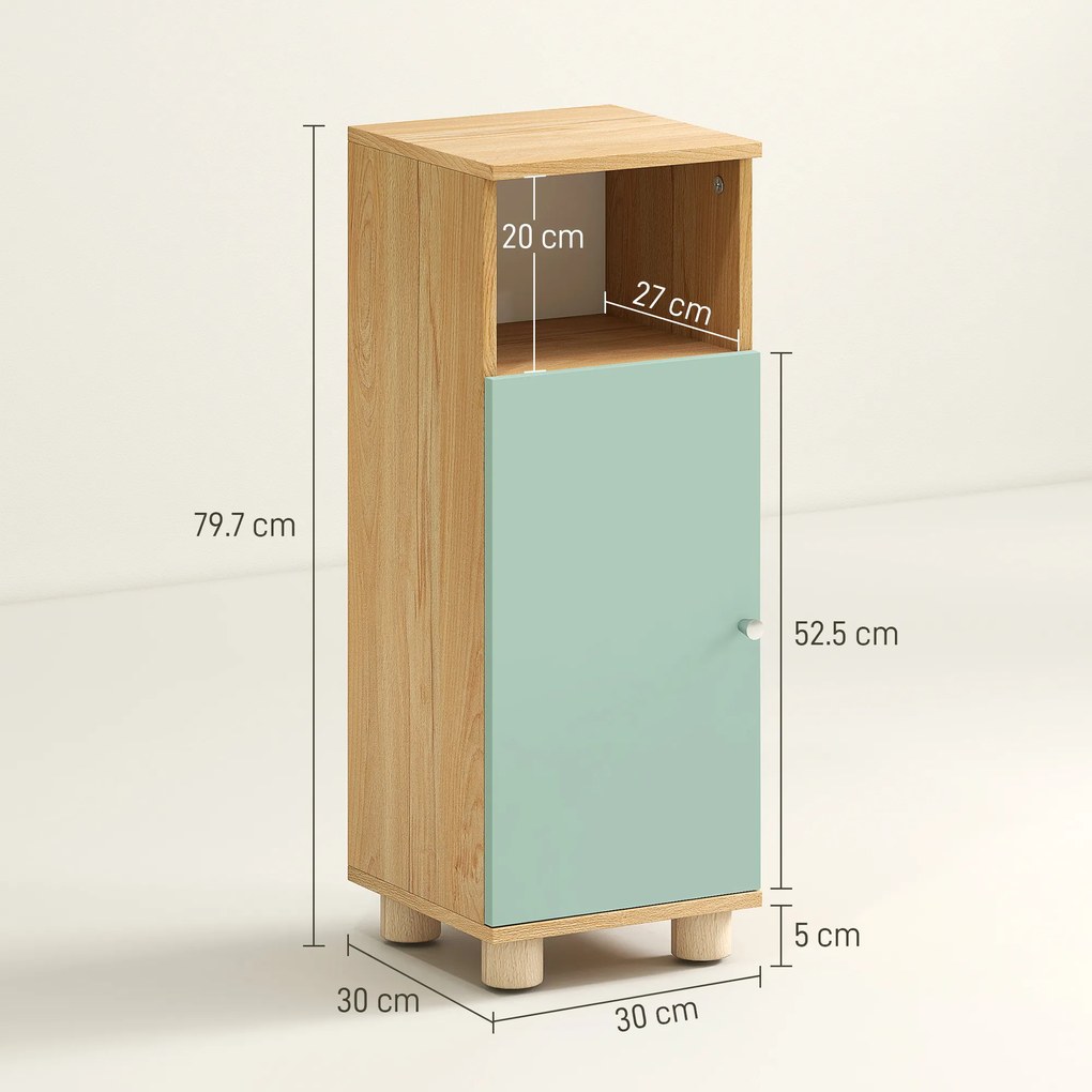 HOMCOM Mobilier de baie, mobilier de depozitare îngust cu dulap cu ușă și compartiment deschis, 30x30x80cm, verde | Aosom Romania