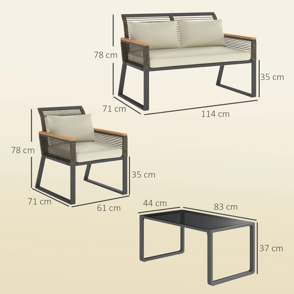 Outsunny Set mobilier de grădină din polyrattan pentru 4 persoane, rezistent la intemperii, set balcon cu canapea 2 locuri, 2 scaune, masă cu sticlă, perne Bej | Aosom Romania