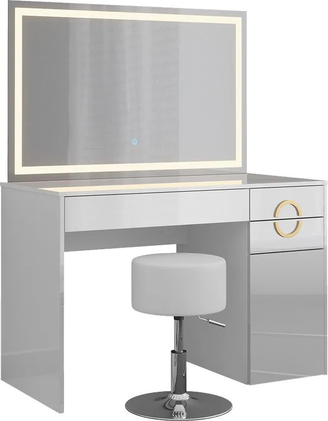 Masuta machiaj cu Oglinda LED si 3 Sertare pentru Cosmetice, Set Masa toaleta 115 cm, Alb Lucios, masuta cosmetica, vanity - SEA442