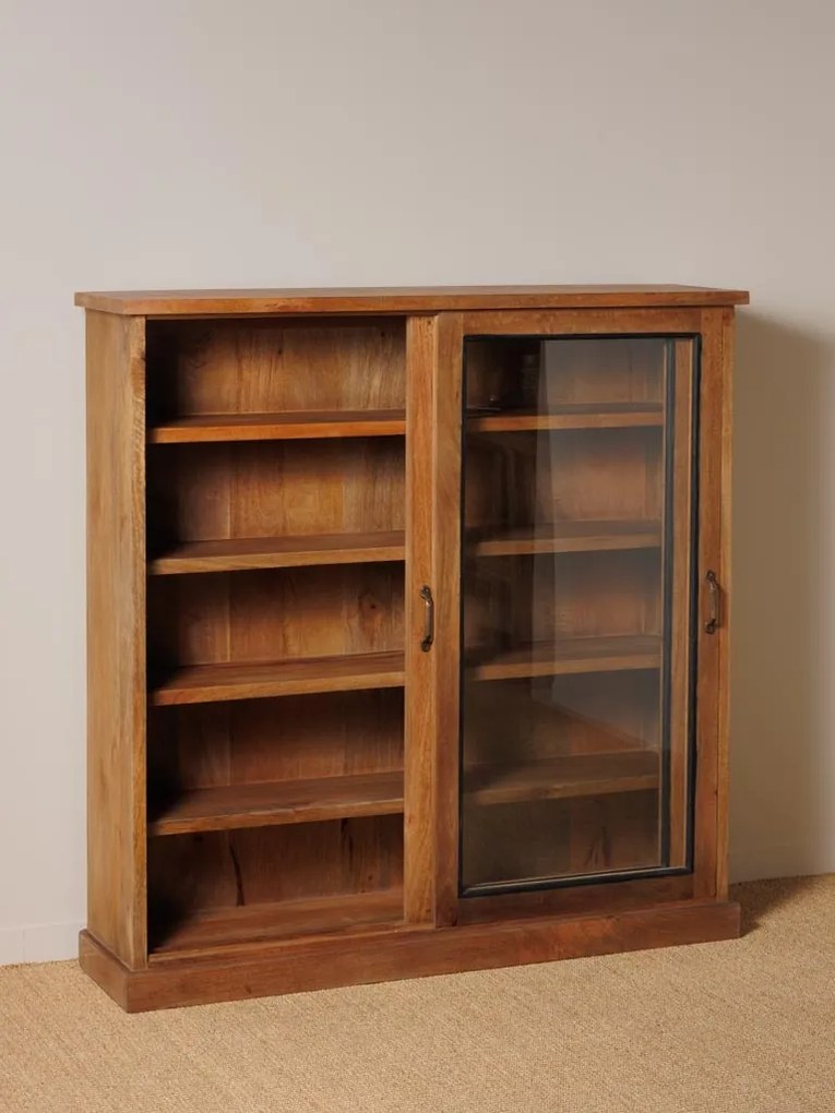 Vitrina din lemn reciclat si sticla, cu 2 usi glisante,aspect rustic, Emile