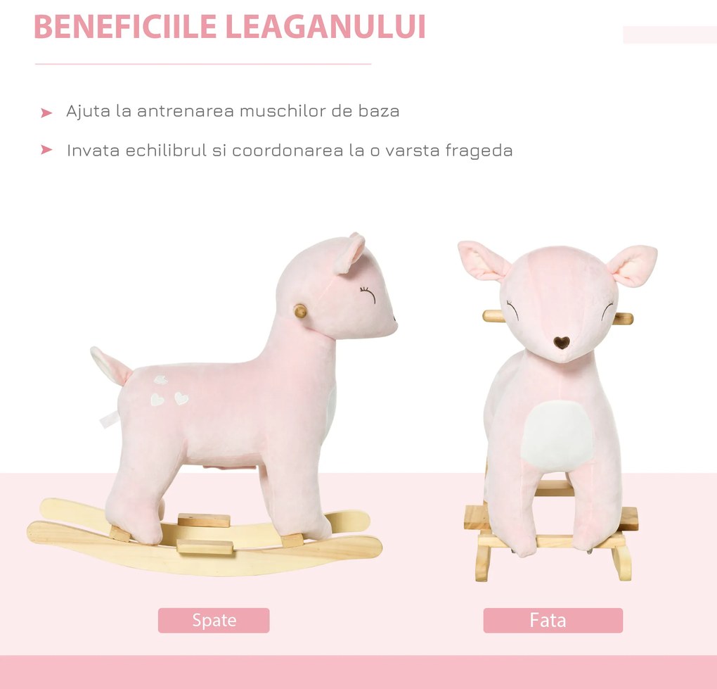 HOMCOM Balansoar Interactiv în Formă de Cerb pentru Copii 36-72 Luni, cu Sunete Atractive, Roz, 68x35.5x64cm | Aosom Romania
