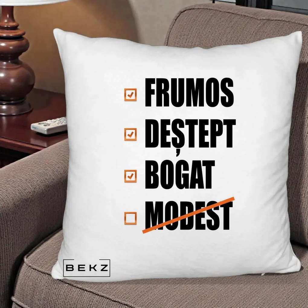 Perna Decorativa Frumos Destept Bogat, 40x40 cm, Alb Pufos, Husa Detasabila, Perna Inclusa, BEKZ®
