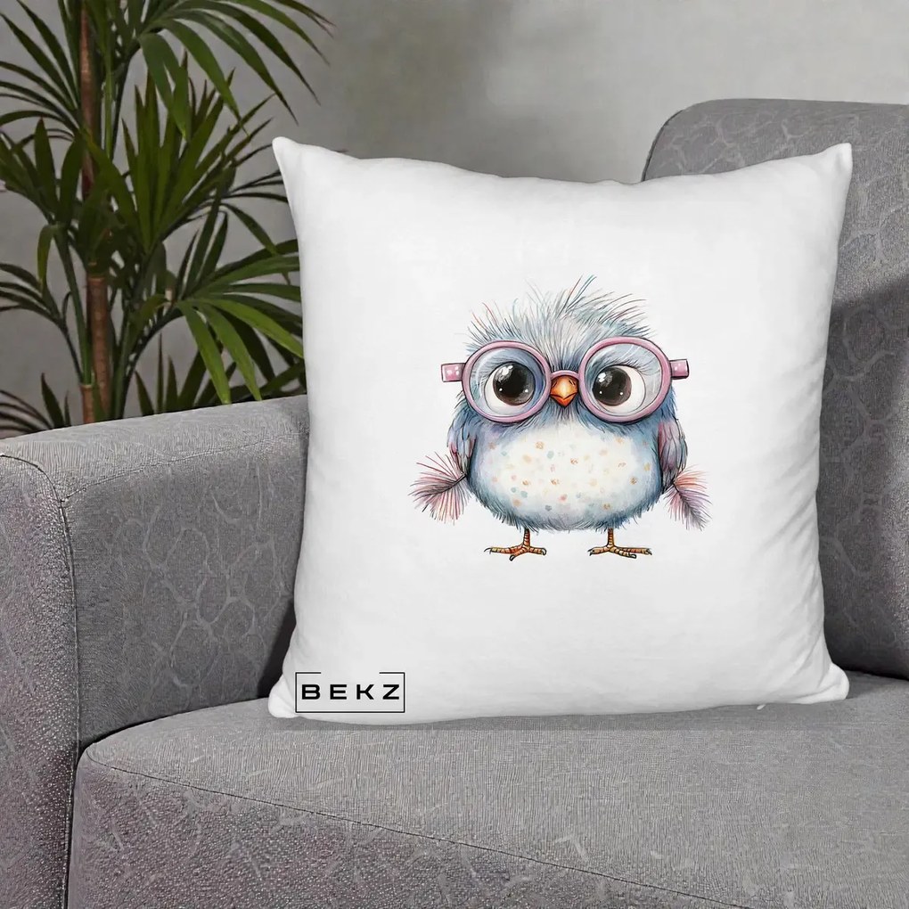 Perna Decorativa Pui Pufos cu Ochelari Roz, 40x40 cm, Alb Pufos, Husa Detasabila, Perna Inclusa, BEKZ®