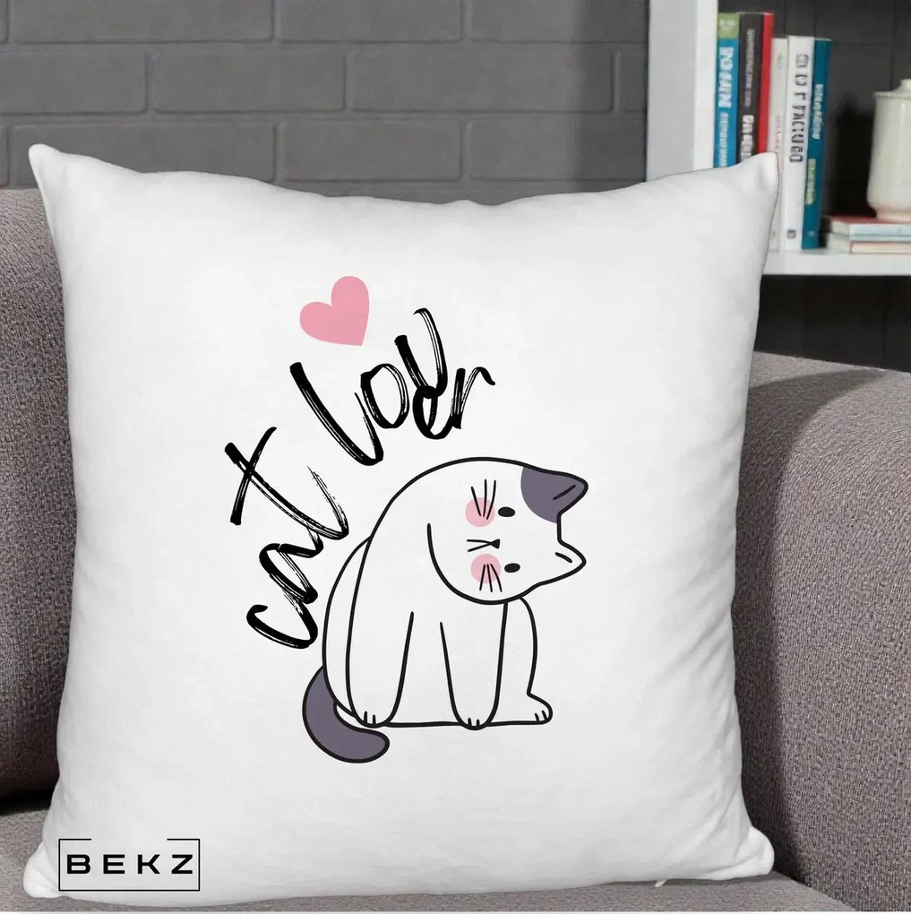 Perna Personalizata Cat Lover Pisica Ilustratie Linie, 40x40 cm, Alb Pufos, Husa Detasabila, Perna Inclusa, BEKZ®