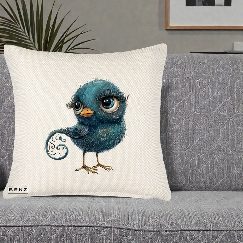 Perna Decorativa Pasare Teal cu Motive Aurii si Coada Spiralata, 40x40 cm, Crem Reliefat, Husa Detasabila, Perna Inclusa, BEKZ®