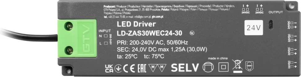 Transformator Easy Click GTV pentru bandă LED, 30W, 24V, IP20, 6 ieșiri Mini AMP, cablu 1,5 m 30 W, 24 V, 1.5 m, Plastic, Easy Click