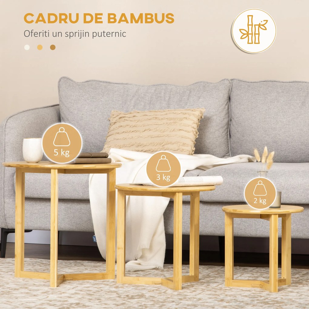 Masute pentru camera de zi, 3 bucati din bambus cu design superpozabil pentru spatii interioare si exterioare HOMCOM | Aosom RO