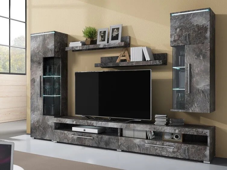 Mobilă pentru sufragerie Austin AF103 Beton închis la culoareBeton închis la culoare, Părți separate, Cu comodă tv, Cu componente suplimentare, Sticlă, PAL laminat, 245x40cm